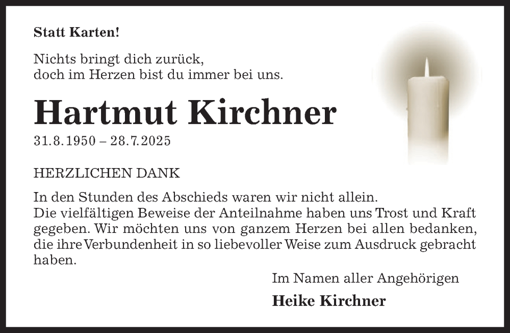  Traueranzeige für Hartmut Kirchner vom 20.09.2025 aus Hildesheimer Allgemeine Zeitung