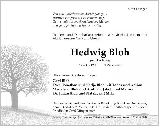 Traueranzeige von Hedwig Bloh von Hildesheimer Allgemeine Zeitung