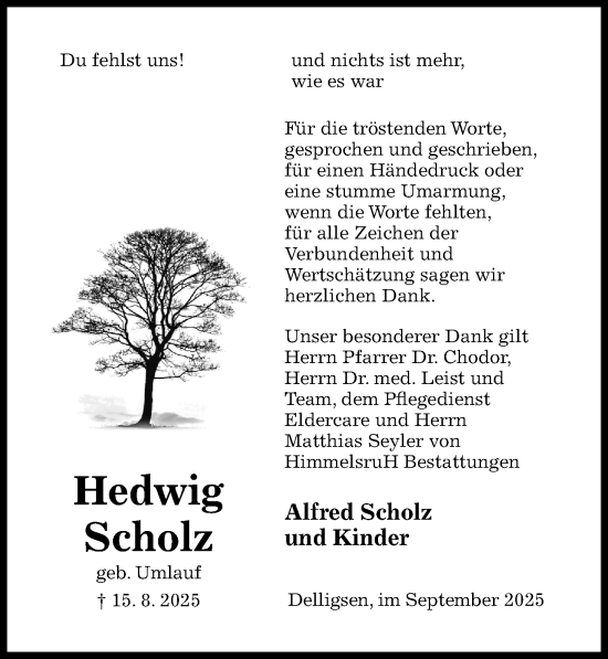 Traueranzeige von Hedwig Scholz von Hildesheimer Allgemeine Zeitung