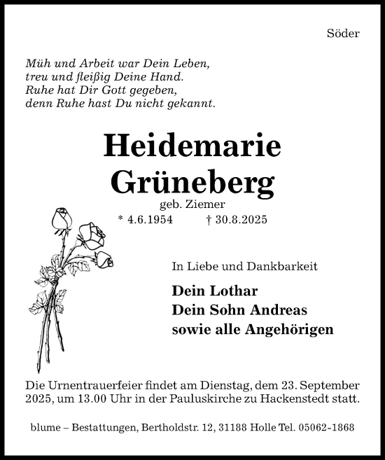 Traueranzeige von Heidemarie Grüneberg von Hildesheimer Allgemeine Zeitung