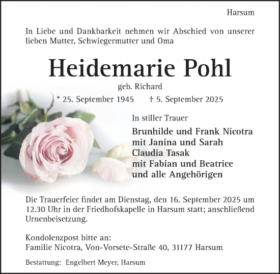 Traueranzeige von Heidemarie Pohl von Hildesheimer Allgemeine Zeitung
