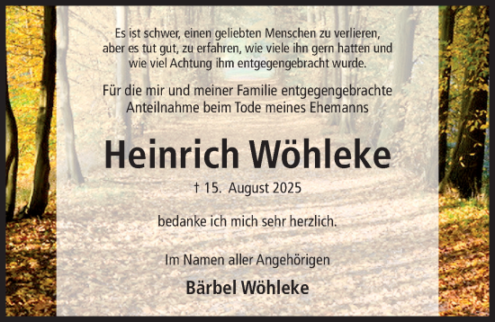 Traueranzeige von Heinrich Wöhleke von Hildesheimer Allgemeine Zeitung