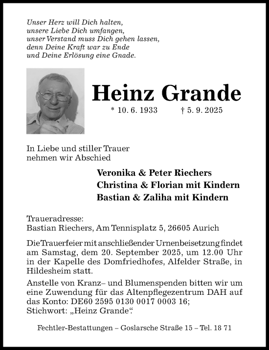 Traueranzeige von Heinz Grande von Hildesheimer Allgemeine Zeitung