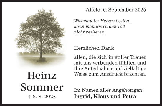 Traueranzeige von Heinz Sommer von Hildesheimer Allgemeine Zeitung