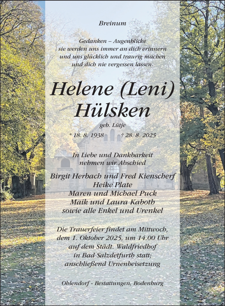  Traueranzeige für Helene Hülsken vom 17.09.2025 aus Hildesheimer Allgemeine Zeitung