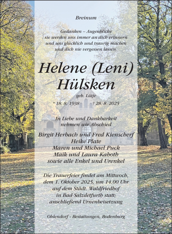 Traueranzeige von Helene Hülsken von Hildesheimer Allgemeine Zeitung