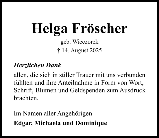 Traueranzeige von Helga Fröscher von Hildesheimer Allgemeine Zeitung
