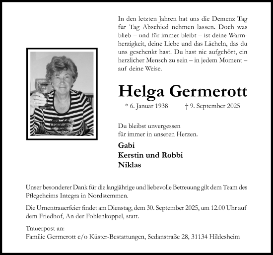 Traueranzeige von Helga Germerott von Hildesheimer Allgemeine Zeitung
