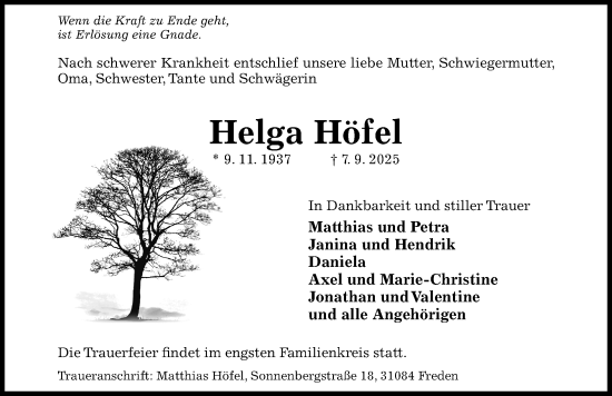 Traueranzeige von Helga Höfel von Hildesheimer Allgemeine Zeitung