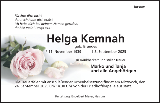 Traueranzeige von Helga Kemnah von Hildesheimer Allgemeine Zeitung