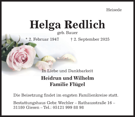 Traueranzeige von Helga Redlich von Hildesheimer Allgemeine Zeitung
