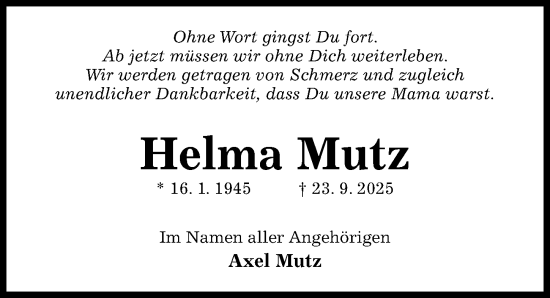 Traueranzeige von Helma Mutz von Hildesheimer Allgemeine Zeitung