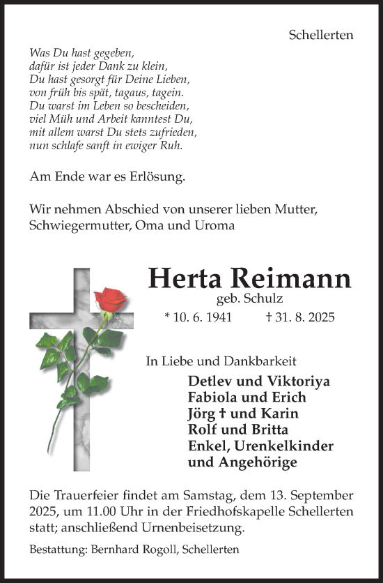 Traueranzeige von Herta Reimann von Hildesheimer Allgemeine Zeitung