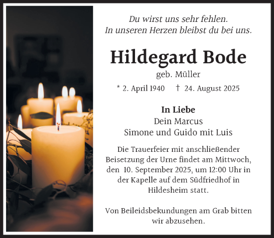Traueranzeige von Hildegard Bode von Hildesheimer Allgemeine Zeitung