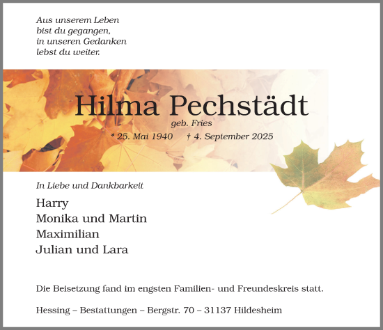 Traueranzeige von Hilma Pechstädt von Hildesheimer Allgemeine Zeitung