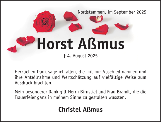 Traueranzeige von Horst Aßmus von Hildesheimer Allgemeine Zeitung