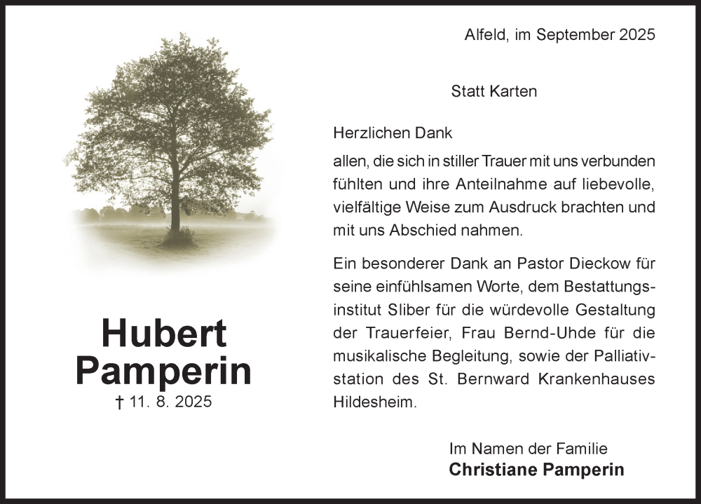  Traueranzeige für Hubert Pamperin vom 06.09.2025 aus Hildesheimer Allgemeine Zeitung