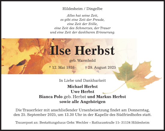 Traueranzeige von Ilse Herbst von Hildesheimer Allgemeine Zeitung