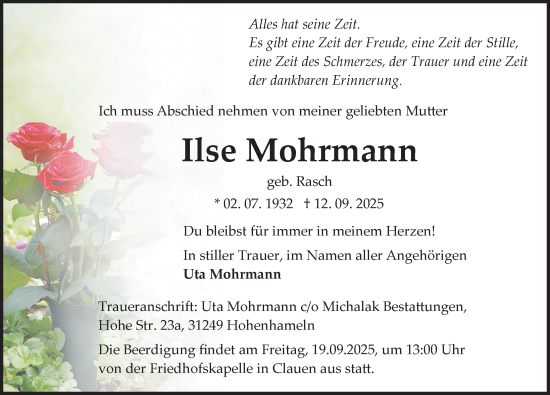 Traueranzeige von Ilse Mohrmann von Hildesheimer Allgemeine Zeitung