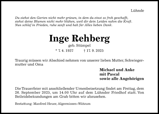 Traueranzeige von Inge Rehberg von Hildesheimer Allgemeine Zeitung