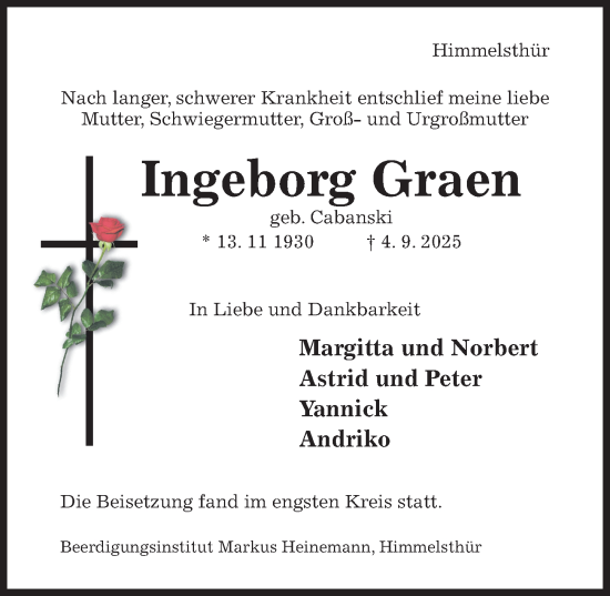 Traueranzeige von Ingeborg Graen von Hildesheimer Allgemeine Zeitung