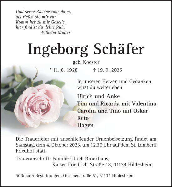 Traueranzeige von Ingeborg Schäfer von Hildesheimer Allgemeine Zeitung