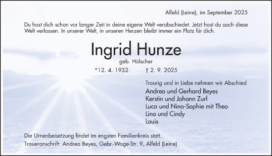 Traueranzeige von Ingrid Hunze von Hildesheimer Allgemeine Zeitung