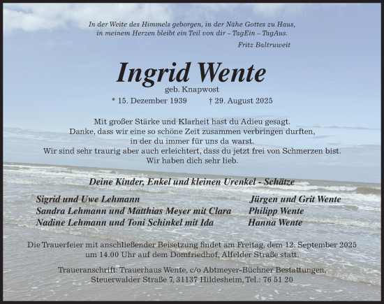 Traueranzeige von Ingrid Wente von Hildesheimer Allgemeine Zeitung