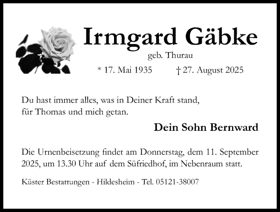 Traueranzeige von Irmgard Gäbke von Hildesheimer Allgemeine Zeitung