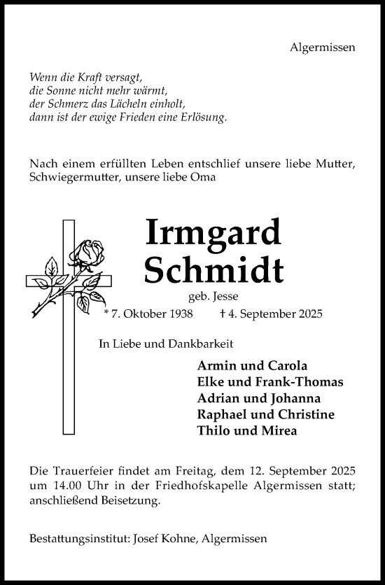 Traueranzeige von Irmgard Schmidt von Hildesheimer Allgemeine Zeitung