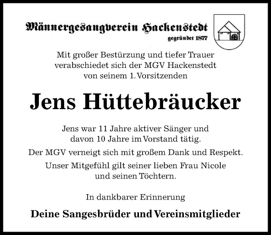 Traueranzeige von Jens Hüttebräucker von Hildesheimer Allgemeine Zeitung