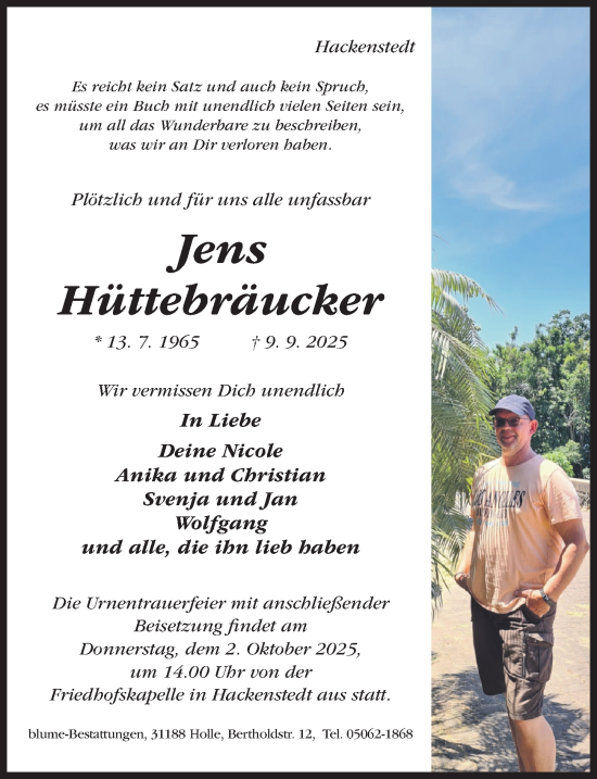 Traueranzeige von Jens Hüttebräucker von Hildesheimer Allgemeine Zeitung