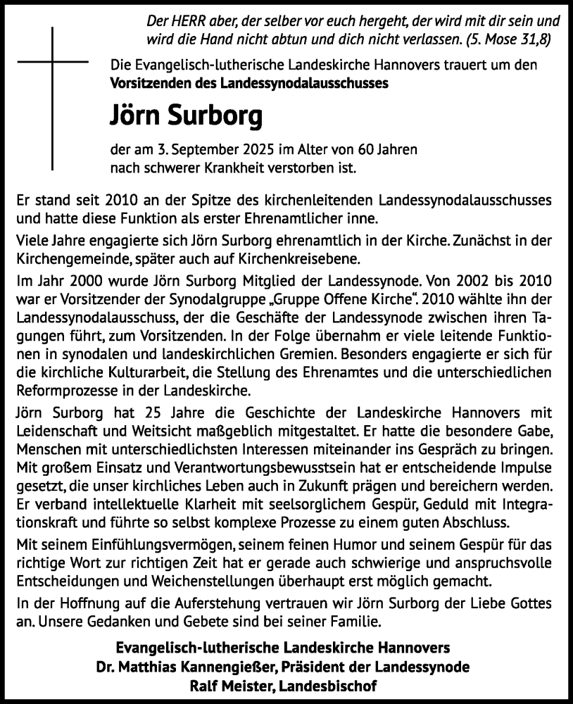  Traueranzeige für Jörn Surborg vom 06.09.2025 aus Hildesheimer Allgemeine Zeitung