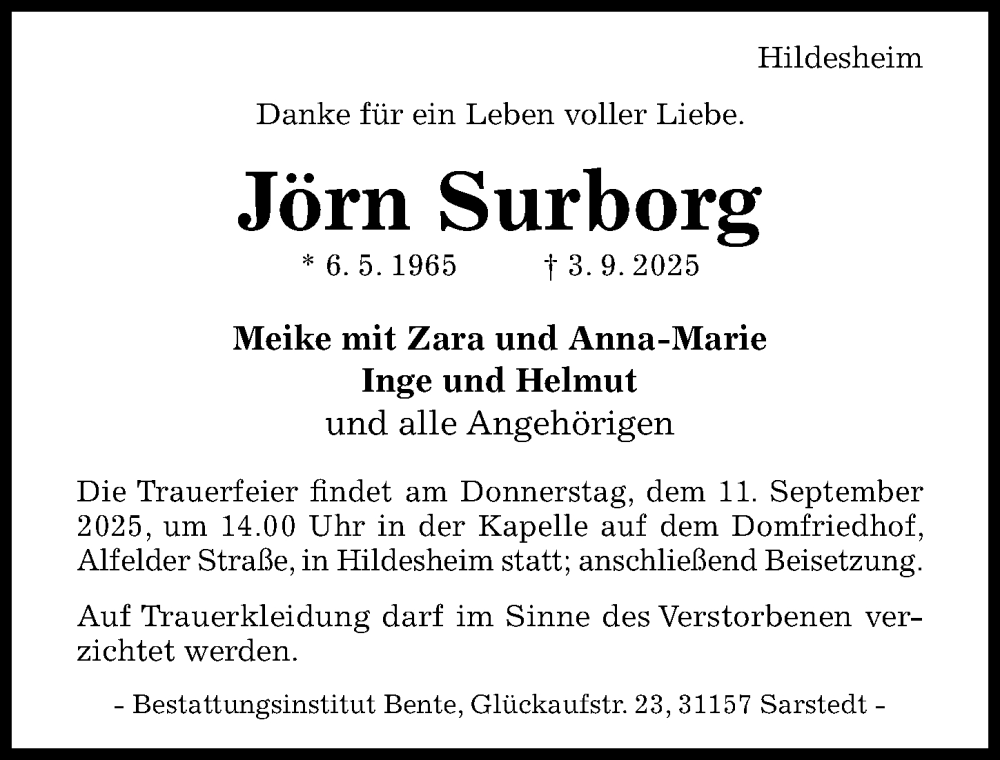  Traueranzeige für Jörn Surborg vom 06.09.2025 aus Hildesheimer Allgemeine Zeitung