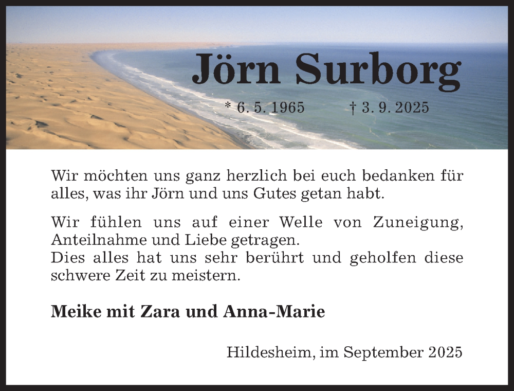 Traueranzeige für Jörn Surborg vom 27.09.2025 aus Hildesheimer Allgemeine Zeitung