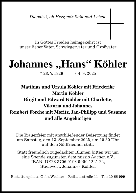 Traueranzeige von Johannes Köhler von Hildesheimer Allgemeine Zeitung