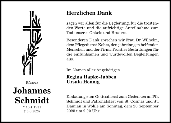 Traueranzeige von Johannes Schmidt von Hildesheimer Allgemeine Zeitung