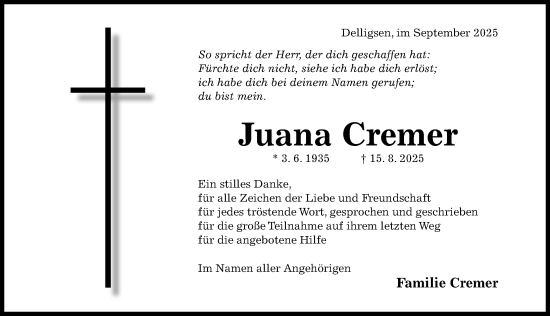Traueranzeige von Juana Cremer von Hildesheimer Allgemeine Zeitung