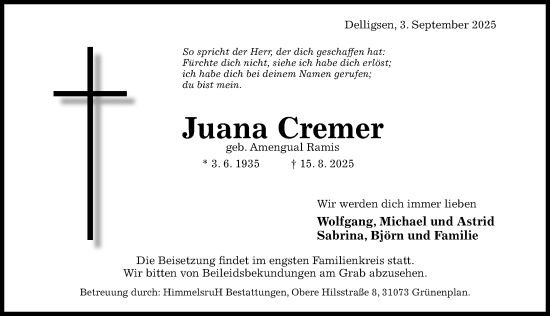 Traueranzeige von Juana Cremer von Hildesheimer Allgemeine Zeitung