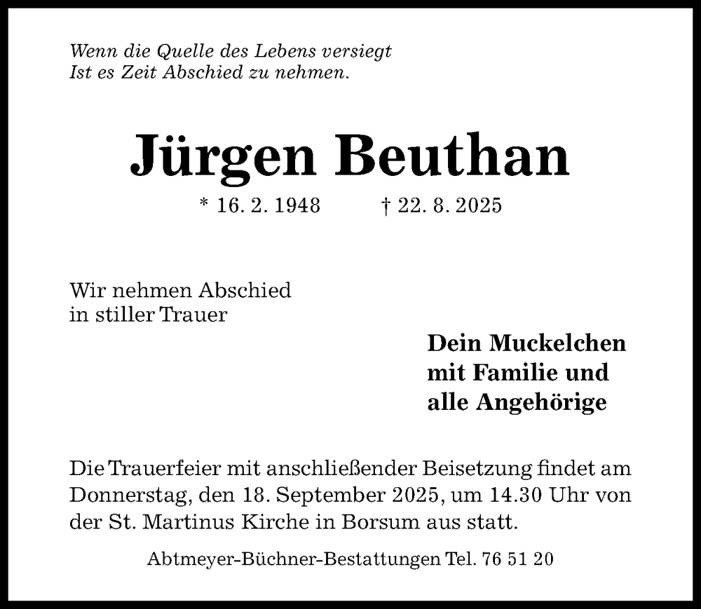  Traueranzeige für Jürgen Beuthan vom 10.09.2025 aus Hildesheimer Allgemeine Zeitung