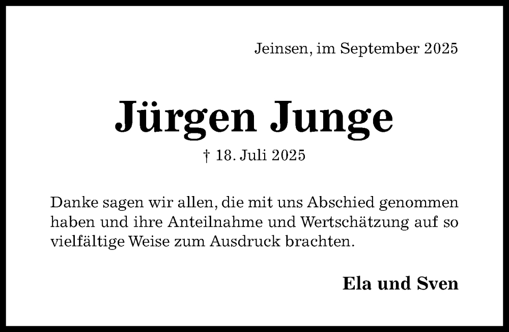  Traueranzeige für Jürgen Junge vom 03.09.2025 aus Hildesheimer Allgemeine Zeitung