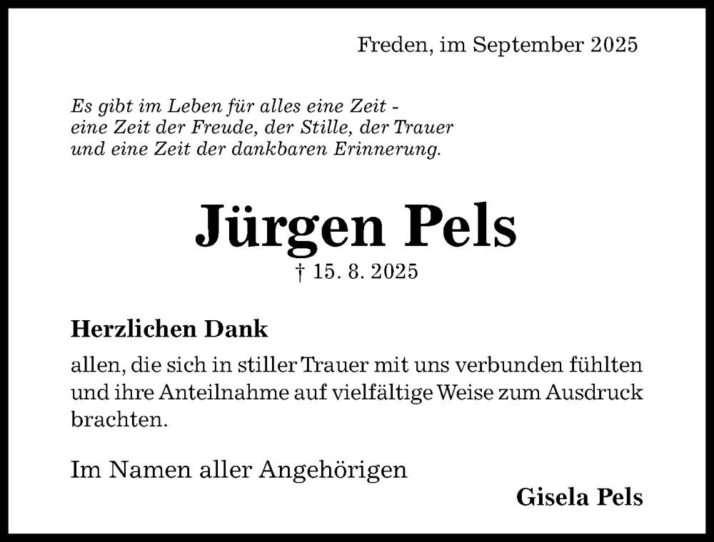  Traueranzeige für Jürgen Pels vom 06.09.2025 aus Hildesheimer Allgemeine Zeitung