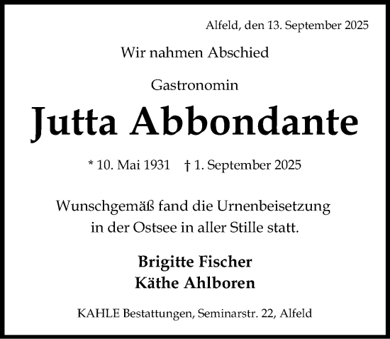 Traueranzeige von Jutta Abbondante von Hildesheimer Allgemeine Zeitung