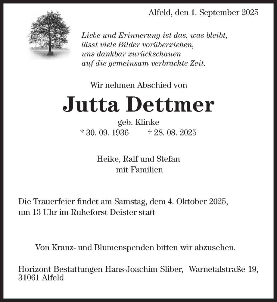  Traueranzeige für Jutta Dettmer vom 06.09.2025 aus Hildesheimer Allgemeine Zeitung