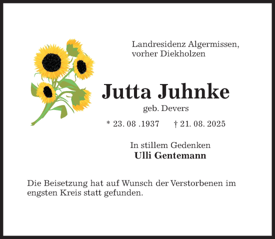Traueranzeige von Jutta Juhnke von Hildesheimer Allgemeine Zeitung