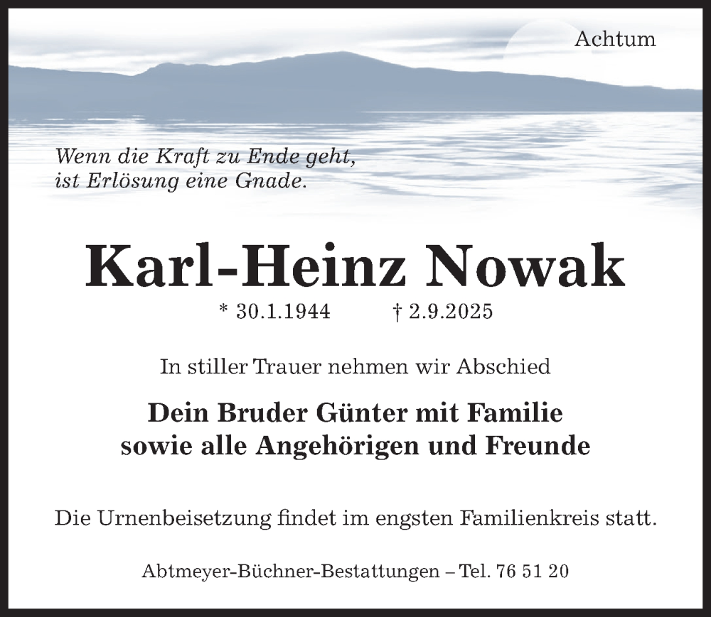 Traueranzeige für Karl-Heinz Nowak vom 10.09.2025 aus Hildesheimer Allgemeine Zeitung