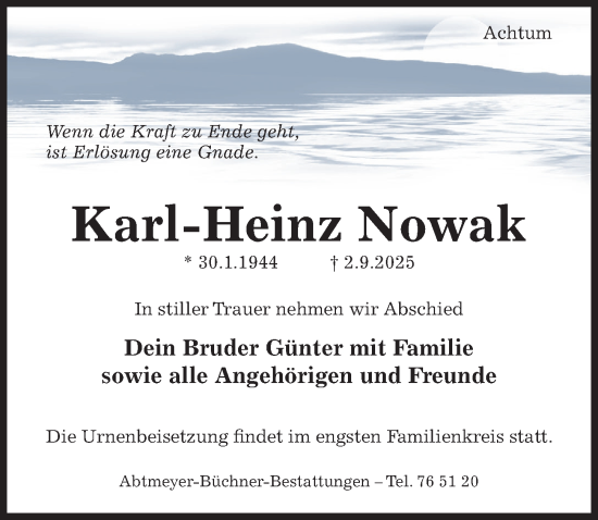 Traueranzeige von Karl-Heinz Nowak von Hildesheimer Allgemeine Zeitung