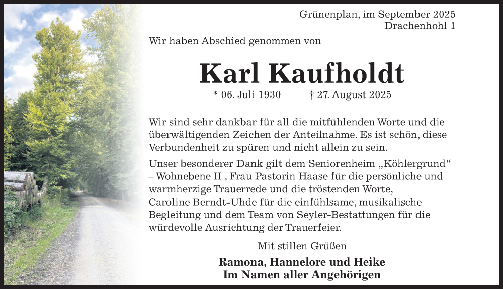  Traueranzeige für Karl Kaufholdt vom 27.09.2025 aus Hildesheimer Allgemeine Zeitung
