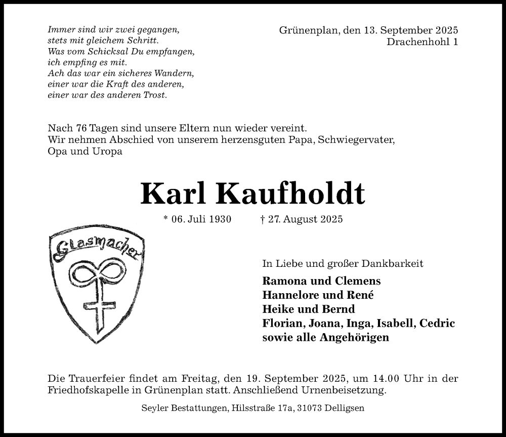  Traueranzeige für Karl Kaufholdt vom 13.09.2025 aus Hildesheimer Allgemeine Zeitung
