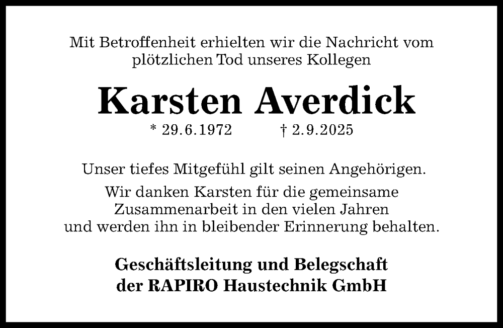  Traueranzeige für Karsten Averdick vom 24.09.2025 aus Hildesheimer Allgemeine Zeitung